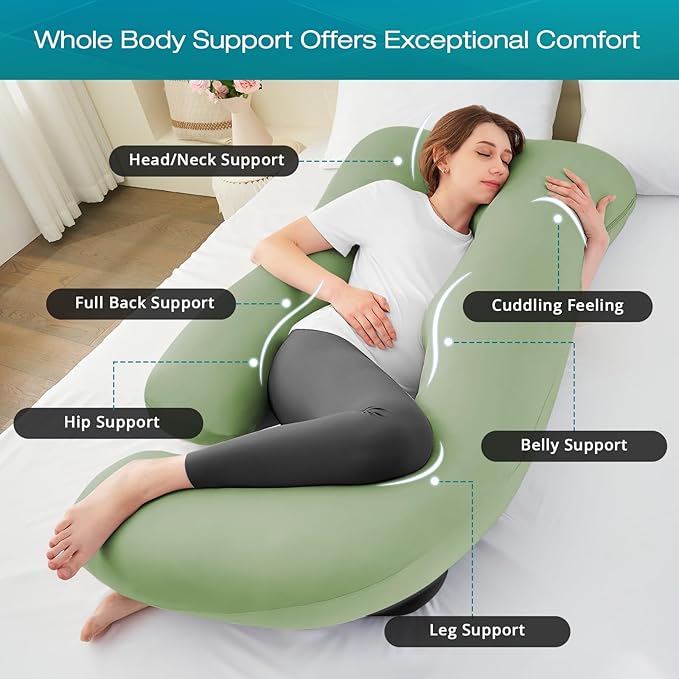 Sasttie Pregnancy Pillows for Sleeping, U Shaped Cooling Full Body Pillow with Removable Cover, Pregnant Women Must Haves, Maternity Essential, Green