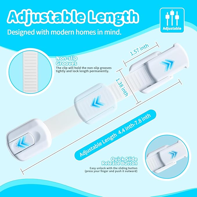 Child Safety Cabinet Locks(10 Pack)-Adjustable Baby Proofing Latches with Strong 3M Adhesive，No Drilling Child Proof Straps Locks for Drawers,Ovens,Doors,Toilet Seats，Fridge,- Easy Installation,