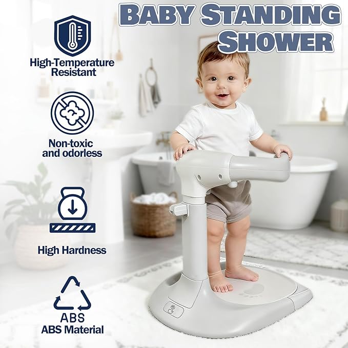 Baby Shower Stand Foldable Toddler Shower Standing Support with Anti-Slip Base Adjustable Infants Bath Support for 8-36 Months Portable Bath Helper (Upgraded-Grey)