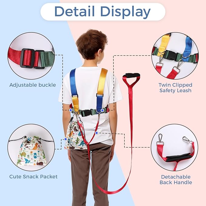 Safety Harness Leash for Big Kids with Autism and Special Needs (6-12 yrs), Child Adjustable Elopement Harness with Emergency Handle and Tether, Keep Active Autistic/ADHD Kids Safe and Free Outdoors
