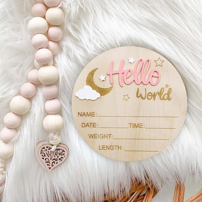 Baby Announcement Sign, 5.9 Inch Wooden Hello World Newborn Signs, Birth Announcement Sign and Pen, Moon and White Cloud Decoration, Welcome Newborn Arrival to World, Hospital Nursery for baby (Pink)