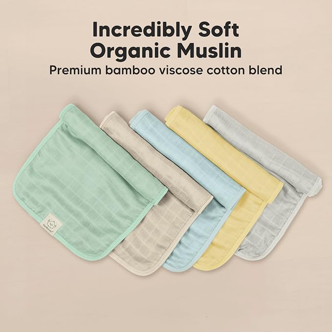5-Pack Cotton Muslin Burp Cloths Baby Girls, Boys - Soft & Absorbent Spit Up Burp Rags, Large Muslin Towel, Cotton Wash Cloths for Babies, Newborn, Infant, No Shrink, Durable, Neutral (Mirage)