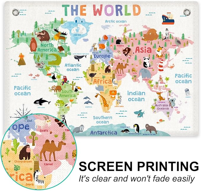 World Map Banner Playroom Decor Wall Hanging, Playroom Wall Decor Educational Banner Flag, Cute Cartoon Animal Wall Flag Nursery Bedroom Toddler Room Decor Classroom Decorations, Banner for Room