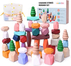 48 PCS Wooden Stacking Rocks Stones Building Blocks, Montessori Toys for 3+ Year Old Preschool Learning Activities Balancing Stacking Game, Birthday Gifts for 3 4 5 6 Year Old Girls Boys Kids