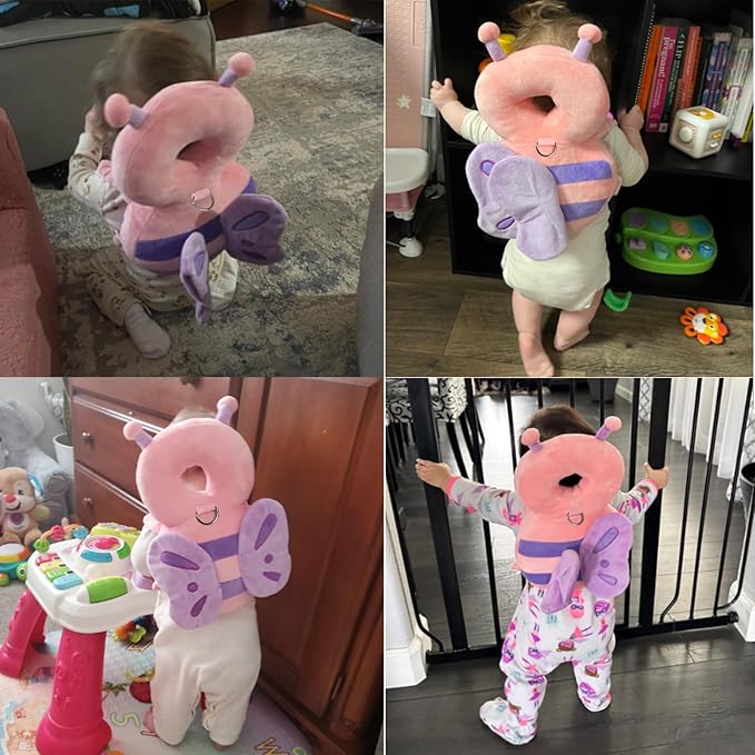 Baby Head Protection Backpack with Leash, Anti Lost Toddler Protector Padded Pillow Carrier for Crawling Walking, Cute Butterfly Kid Harness Strap Infant Cushion Pad for 6-18 Months Boys Girls (Pink)