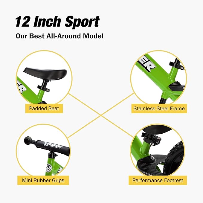 Strider 12” Sport Bike - No Pedal Balance Bicycle for Kids 1 to 4 Years - Includes Safety Pad, Padded Seat, Mini Grips & Flat-Free Tires - Tool-Free Assembly & Adjustments