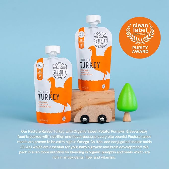 Serenity Kids 6+ Months Baby Food Pouches Puree Made With Ethically Sourced Meats & Organic Veggies | 3.5 Ounce BPA-Free Pouch | Free Range Turkey, Sweet Potato, Pumpkin, Beet | 1 Count