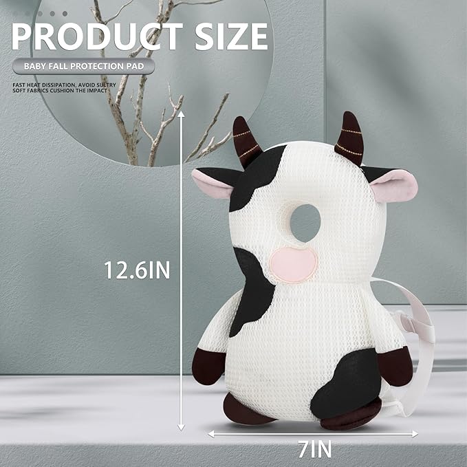 Baby Walker Head Protector Backpack Wear,Toddler Adjustable Baby Head Protection Backpack for Safety Baby Learning Walking Crawling (White Cow)