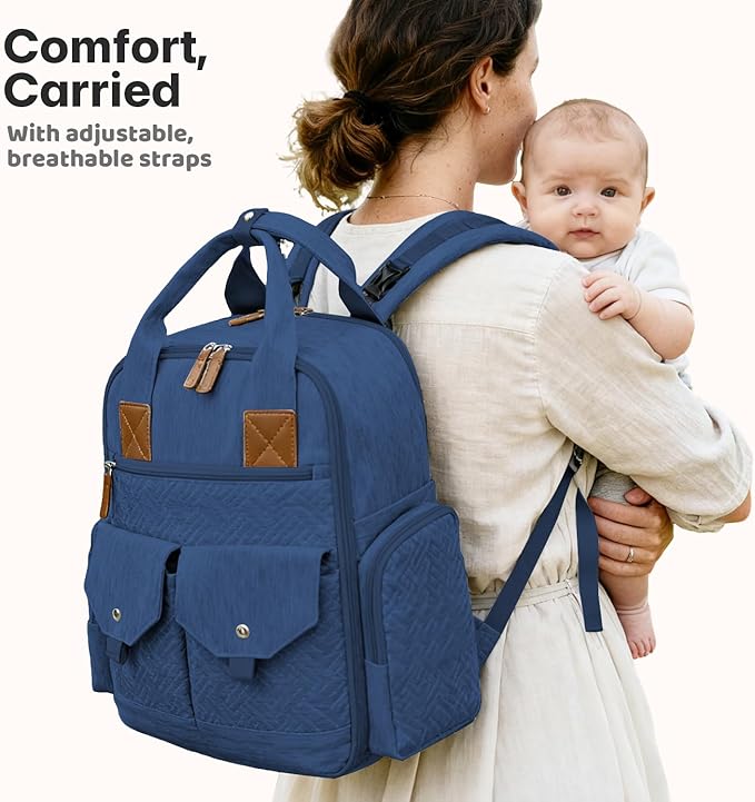 Diaper Bag Backpack - Large Diaper Bag with Portable Changing Pad as Baby Shower Gifts, Lightweight Waterproof Unisex Travel Baby Bag with 4 Insulated Pockets and Stroller Buckles, Dark Blue