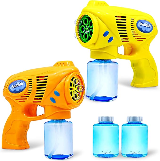 JOYIN 2 Bubble Guns with 2 Refill Solution (10 oz Total), Bubbles Maker, Blower for Kids, Toddlers, Outdoors Activity, Birthday Gift, Easter Basket Stuffers (Yellow+Orange)