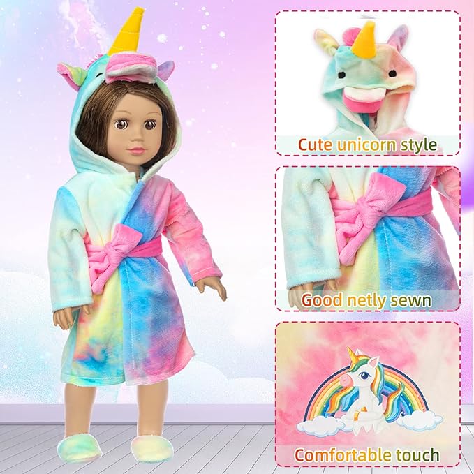 American 18 inch Doll Clothes and Sleeping Bag Set - Rainbow Unicorn Doll Costume with Unicorn Style Sleeping Bag, Pillow, Eye Mask Slumber Party Accessories