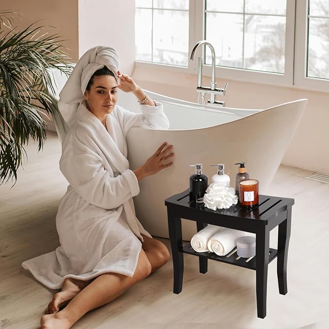 VVW 19 Inch 2-Tier Bamboo Shower Bench - Bathroom Bench Seat with Storage Shelf, Wooden Spa Seat with Non-Slip Feet Bath Stool for Adults Women Elderly, (Black)