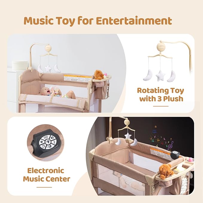 JOYMOR 9 in 1 Bedside Bassinet with Changing Table, Pack and Play with Bassinet, Convert to Rocking Baby Bed with Electric Music Center, Mosquito Net, Storage, Beige