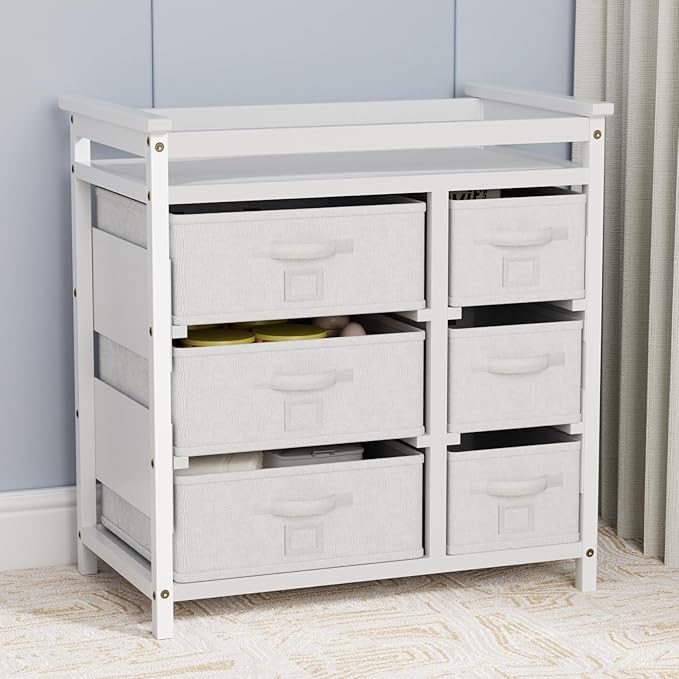 XJD Baby Changing Table with 6 Storage Drawers and Pad Baby Changing Station, Diaper Changing Station(White)