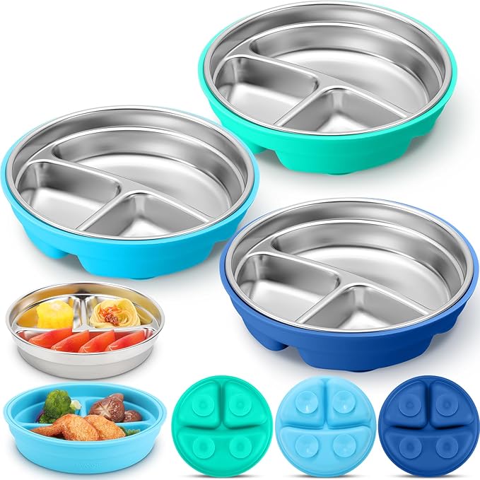Nuogo 3 Pcs Stainless Steel Baby Suction Plates with Removable Silicone Shell 2-in-1 Metal Toddler Bowl Divided for Picky Eaters Kid Feeding Led Weaning Supply, Dishwasher Safe (Blue Series)