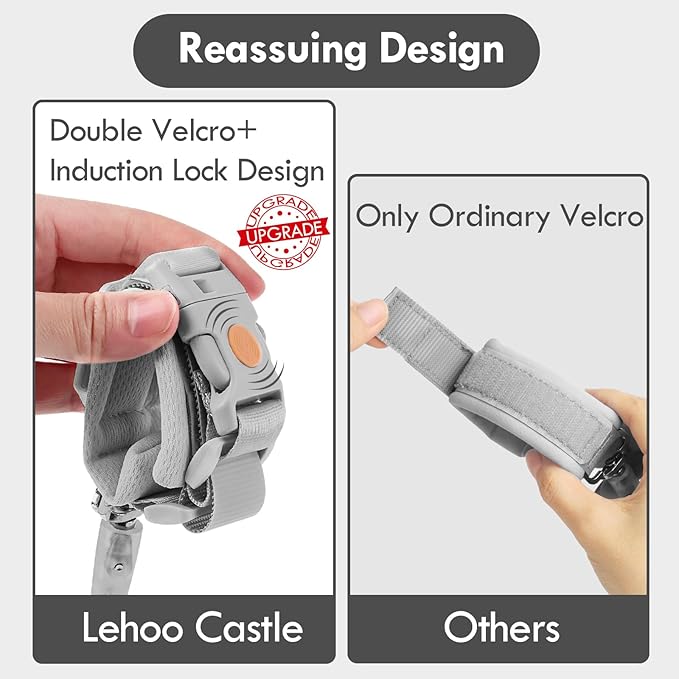 Lehoo Castle Toddler Leash Wrist, 4.9ft Kid Leash Wrist with Induction Lock, Anti Lost Wrist Link for Toddlers, Reflective Leash for Kids, Child Leashes for Toddlers (Grey)