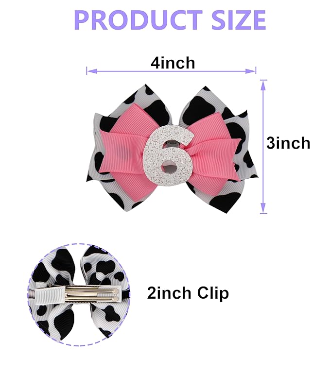 Sixth Birthday Hair Bow for Baby Girls 1 2 3 4 5 6 Years Sprinkle Decorations Party Hair Clip Accessories for Six 6th Birthday Glitter Cow Print