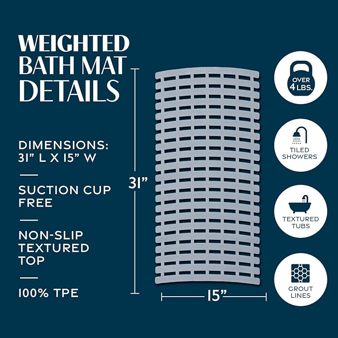 SlipX Solutions Weighted Non Slip Bath Mat for Textured Tub & Shower Surfaces | Patent Pending | Anti Slip Bathtub Safety Without Suction Cups | Doesn’t Float, Works on Tile & Stone 31” x 15”