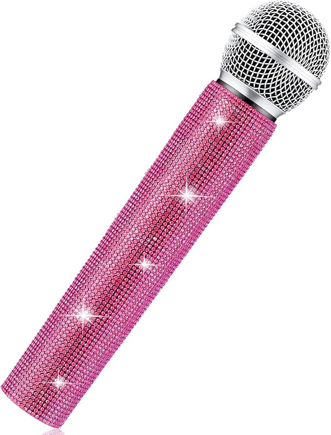 Sanwuta Fake Microphone Prop Sparkly Bling Rhinestones Plastic Play Microphone Pretend Glitter Bedazzled Mic for Cosplay Party Costume(Pink)