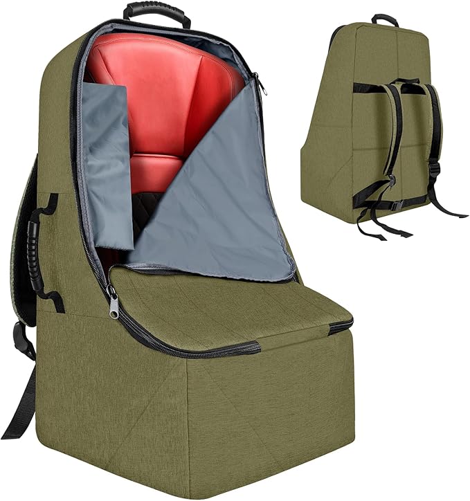Padded Car Seat Travel Bag for Airplane, Heavy Duty Backpack for Air Travel, Water-Resistant Carrier with Shoulder Strap, Fits Most Car Seats (Green)