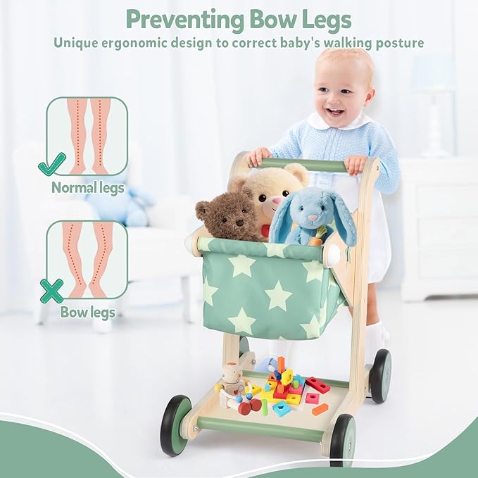 Asweets 2 in 1 Wooden Baby Walker Push and Pull Doll Stroller, Shopping Cart Learning Walker for Boys and Girls, Sit Stand Learning Toddler Toy (Green)