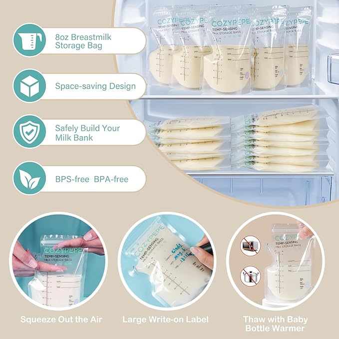 Breastmilk Storage Bags, 8OZ Breast Milk Storing Bag with Pour Spout, Temperature-Sensing Color Change Milk Bag for Convenient Breastfeeding, No Leak Presterilized for Freezer