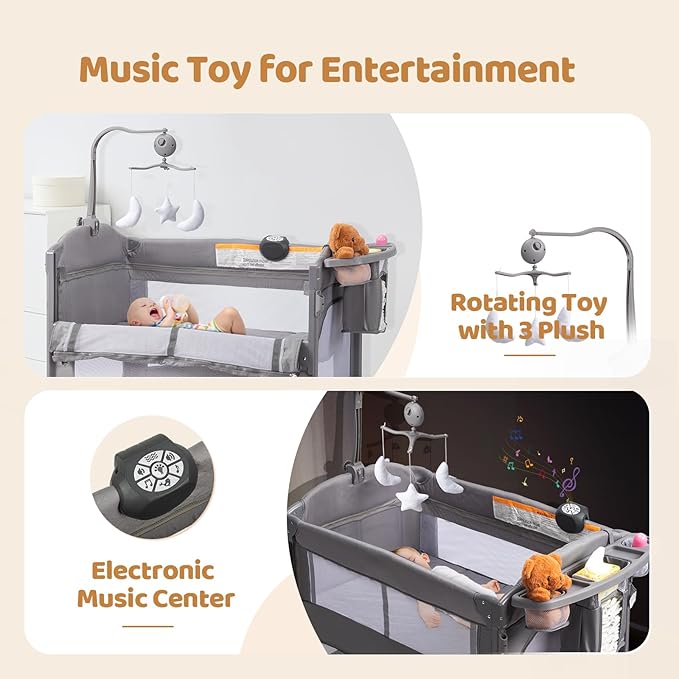 JOYMOR 9 in 1 Bedside Bassinet with Changing Table, Pack and Play with Bassinet, Convert to Rocking Baby Bed with Electric Music Center, Mosquito Net, Storage, Gray