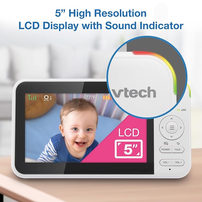 VTech VM924-2 Remote Pan-Tilt-Zoom Baby Monitor with 2 Cameras & Audio,5" LCD Screen,Up to 17Hrs Video Streaming&31Hrs Battery for Audio,Night Vision,1000ft Range,Soothing Sounds,Temperature Sensor