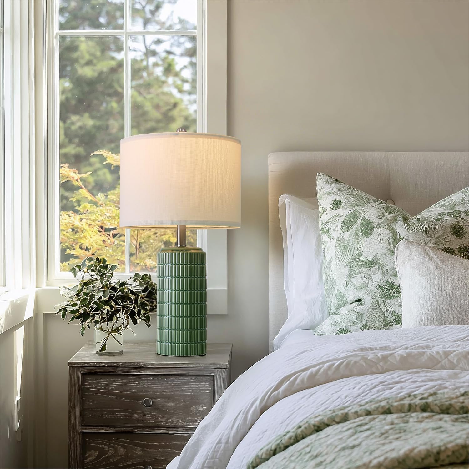 PoKat 23" Dark Green Ceramic Table Lamps Set of 2, Modern Table Lamps for Living Room, Farmhouse Lamps for Bedroom Night Stands, Traditional Nightstand Desk Decor Lamps