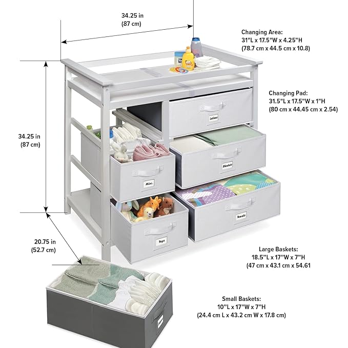 Badger Basket Modern Baby Changing Table - Diaper Station Organizer with 6 Storage Drawers, Reversible Baskets, Safety Rails - Baby Nursery Furniture with Changing Pad and Belt - White