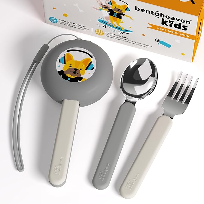 Bentoheaven Kids Travel Utensils with Case, Food-Grade Stainless Steel & BPA-Free Plastic, Travel Kid Cutlery Set, Dishwasher Safe Fork, Spoon & Case, Reusable Flatware, Silverware for Kids (Bulldog)
