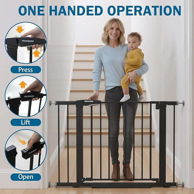 Baby Gate for Stairs, 29.7-40.6" Pressure Mounted Dog Gate, Auto Close Safety Gate for Children & Pets, Easy Install Pet Gate with Walk Thru Door for Doorways & Hallways, No Drilling, Dual-Lock Design