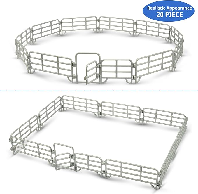 TOYMANY 20PCS Corral Fencing Panel Accessories Playset Includes 2 Gates Fences, Plastic Fence Toys for Barn Paddock Horse Stable or Farm Animals Horses Figurines, Educational Gift for Kids Toddler