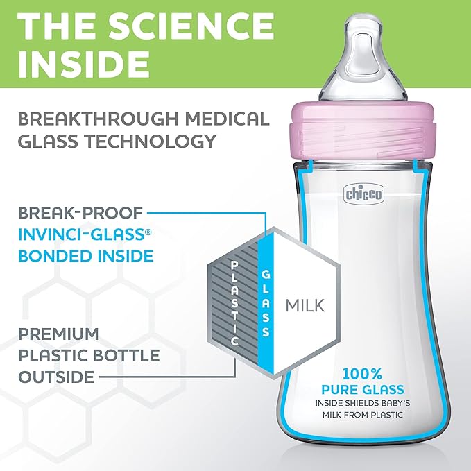 Chicco Duo 9oz. Hybrid Baby Bottle with Invinci-Glass Inside and Plastic Outside | Dishwasher, Bottle Warmer, and Electric Sterilizer Safe | Intui-Latch Nipple | Clear/Pink, 2pk