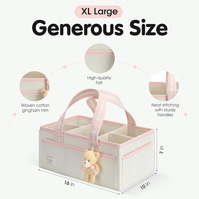 PeraBella XL Diaper Caddy Organizer With Handle, Baby Shower Gifts Basket Bag, Registry Search Must Haves Items, Newborn Girl Boy Nursery Storage Organizer, Baby Bag Essentials, Car Diaper Caddy Cart