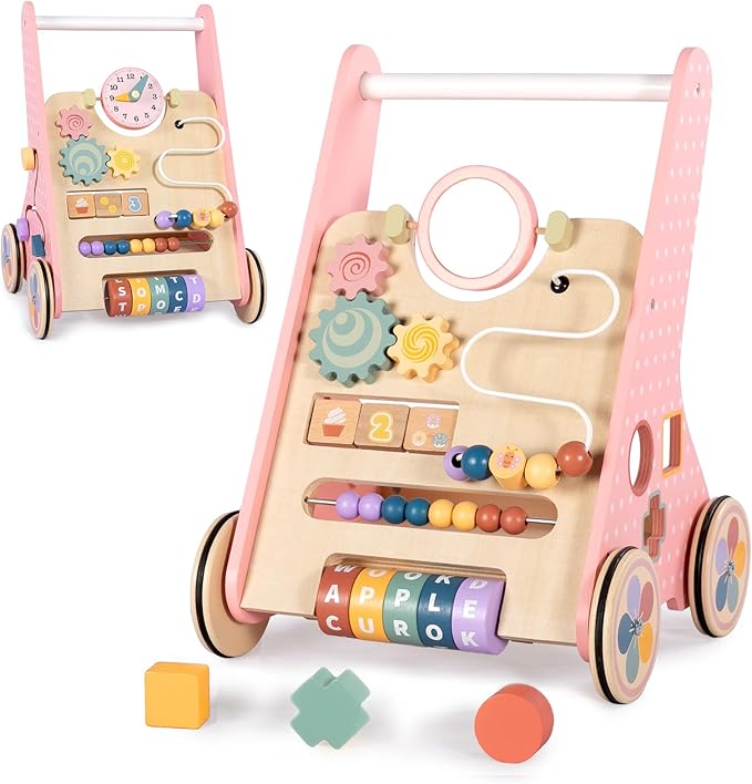 Wooden Baby Walker, Push Walker for Baby Girl 6-12 Months, Montessori Walker Push Toy for Toddlers Learning to Walk