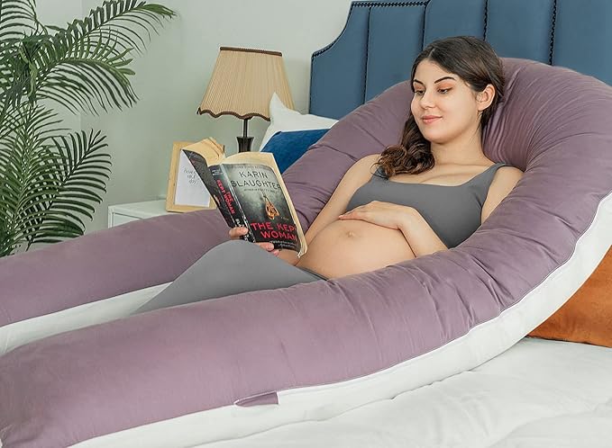 QUEEN ROSE Extra Long U Shaped Body Pillow, 65in Pregnancy Pillows for Sleeping, Full Body Support for Adults and Maternity Women, Cooling Sateen Cover, Purple and White