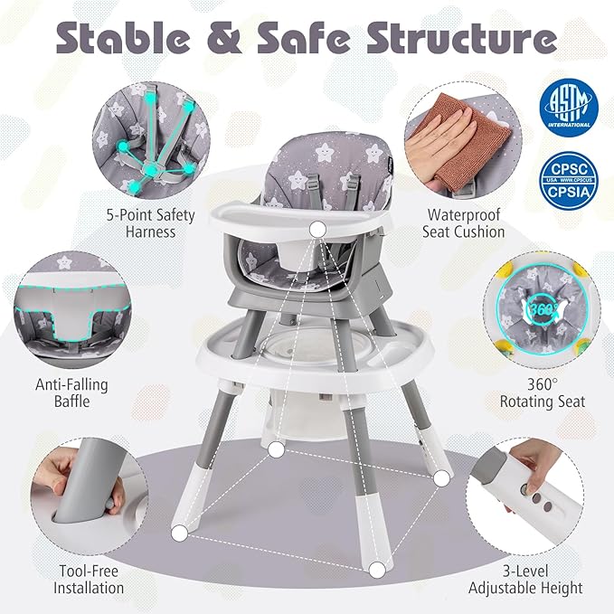 HONEY JOY 16-in-1 Baby High Chair, Convertible Highchair for Babies and Toddlers/Booster Seat/Activity Center with Toys, Building Block Table & Stool, Safety Harness, Removable Cushion & Tray (Gray)