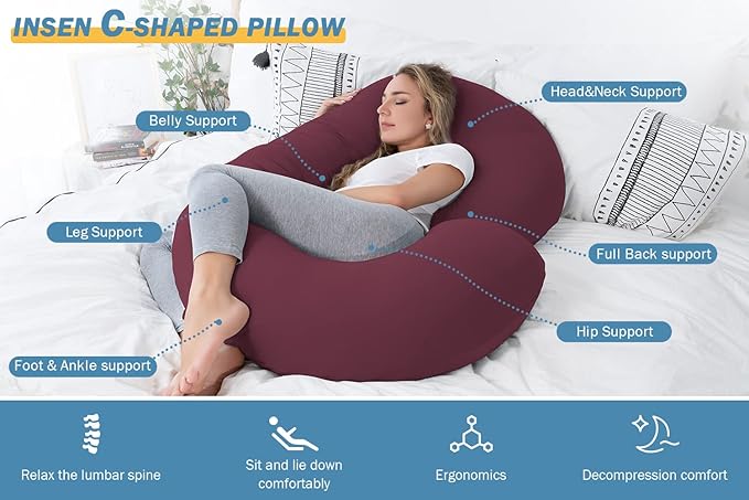 INSEN Pregnancy Pillow, Maternity Body Pillow with Velvet Cover, C Shaped for Side Sleeping (Cooling Tencel-Red Plum)