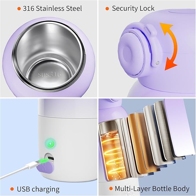 Portable Bottle Warmer for Travel - Large 12oz Capacity with Dual Heating Modes for Breast Milk & Water, Fast Heating Smart Temperature Control, Portable Milk Warmer Gifts for New Mom Purple