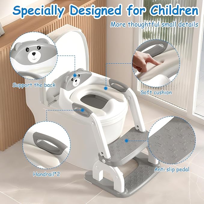 Potty Training Seat with Step Stool for Toddlers - Upgrade 2-in-1 Toilet Seat Toilet Ladder for Kids Children Boys Girls, Anti-Slip Pad & Adjustable Height with Waterproof - Grey