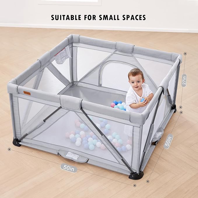 Baby Playpen Foldable, Playard for Babies and Toddlers, Portable Playpen Activity Center with 50 Balls+2 Handles for Travel, Indoor & Outdoor Play Pen with Mesh 50''x50''