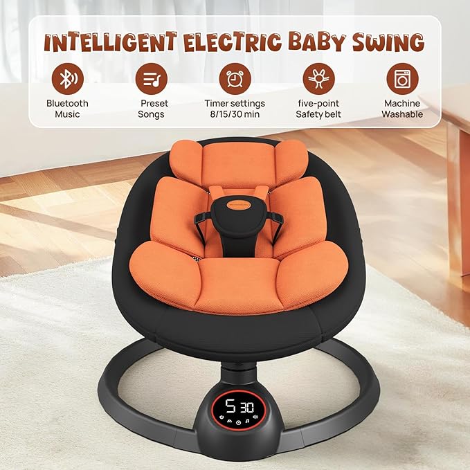Electric Baby Swings for Infants, Portable Baby Swing with Preset Melodies, Bluetooth Swing for Newborn, Indoor & Outdoor(Black)