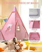 Teepee Tent for Kids with Inflatable Airbed, String Lights, Balloons, Pump, Washable Slumber Party Tent Indoor Outdoor for Girls Boys, Children Tipi Playhouse for Playtime and Sleepover