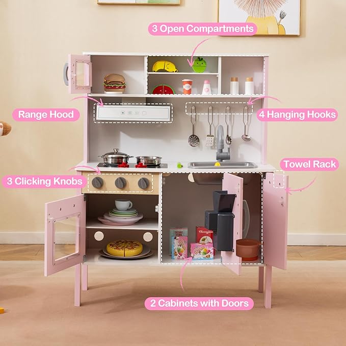 HONEY JOY Kids Kitchen Playset, Wooden Play Kitchen for Toddlers, Microwave, Range Hood, Ice Maker, 18 Cooking Accessories, Little Chef Pretend Play Toy Kitchen Set, Gift for Boys Girls, Pink