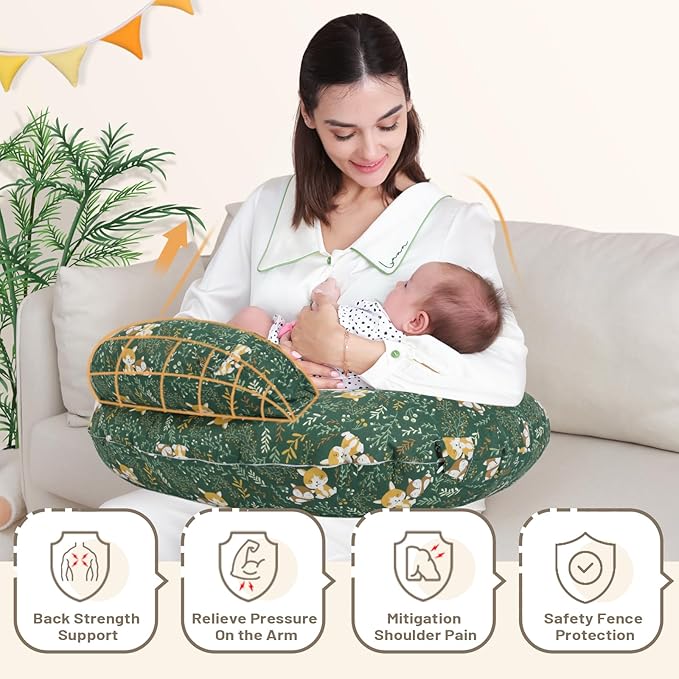 Nursing Pillow for Breastfeeding, Animal Patterns Removable Cotton Cover, Support for Mom and Baby, Plus Size Ergonomic Design Breastfeeding Pillows, Machine Washable, Green