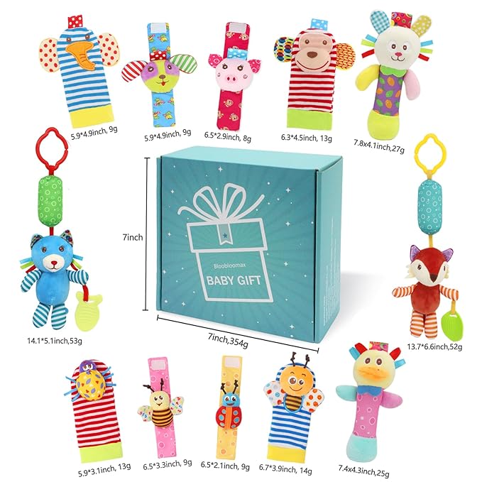 Baby Hanging Rattle, Wrist Rattles Foot Finder Rattle Sock, Hand and Feet Rattle Toy, Newborn Present Baby Shower Birthday Gift Set for0 3 6 9 12 24 to 36 Months Babies(12 E)