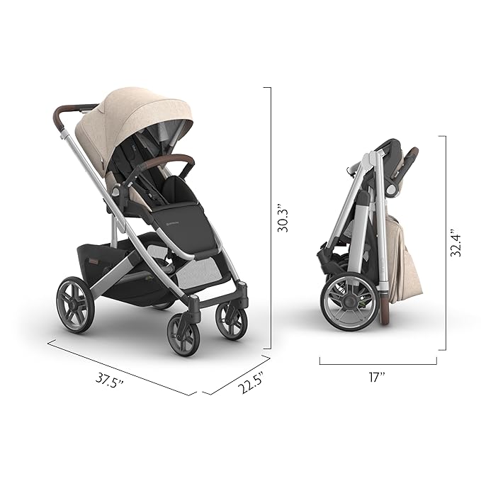 UPPAbaby Cruz V3 Stroller - from Birth + Car Seat Compatible - Full-Size, Reversible Seat - Infant Insert, Bug and Rain Shields Included - Declan (Oat Mélange/Silver Frame/Chestnut Leather)