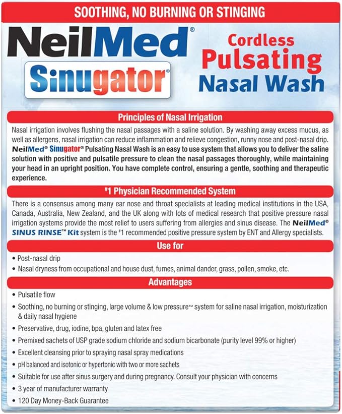 NeilMed Sinugator Cordless Pulsating Nasal Wash Kit with One Irrigator, 30 Premixed Packets and 3 AA Batteries(Pack of 1)