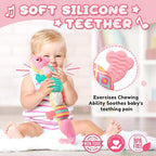 Baby Toys 0-6-12 Months, Musical Stuffed Animal Activity Soft Toys with Multi-Sensory Crinkle,Rattles and Textures,Infant Baby Girl Toys Gifts for Newborn Tummy Time,Dinosaur,Pink